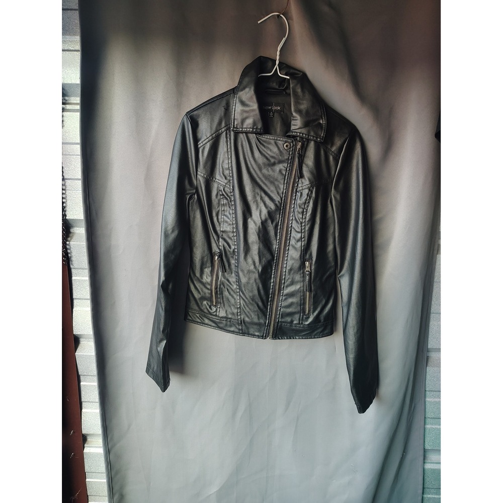 New Look Womens Black Faux Leather Moto Biker Jacket Asymmetrical Zip Small